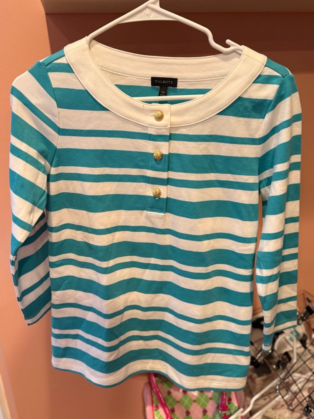 Talbots Teal and White Striped Long-Sleeve Henley Top size XS